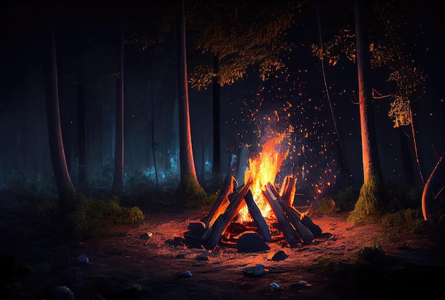 Campfire in the dark forest Camping and Leisure hobbies activities concept Generative AI