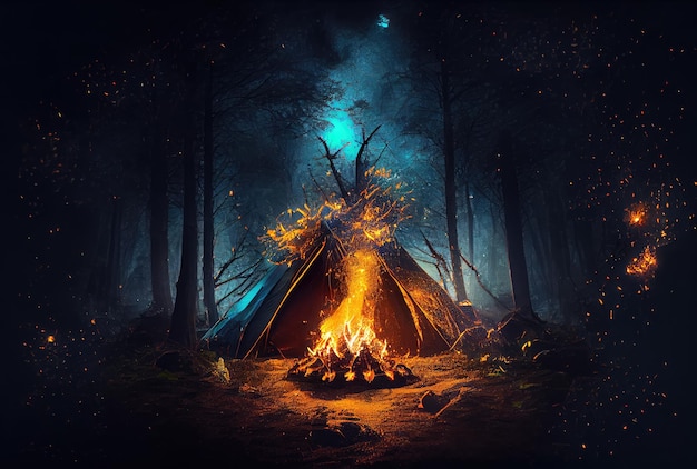 Campfire in the dark forest Camping and Leisure hobbies activities concept Generative AI