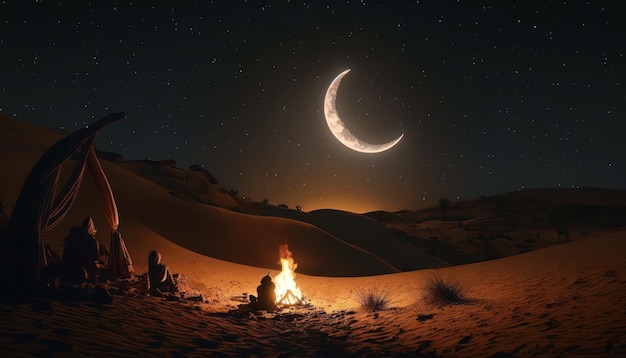 A campfire in the desert with a crescent moon in the background