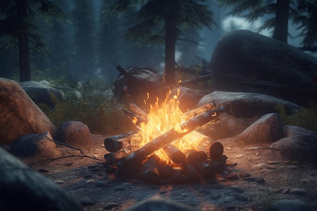 A campfire in a forest with a forest in the background