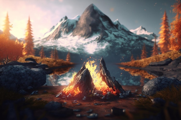 A campfire in front of a snowy mountain