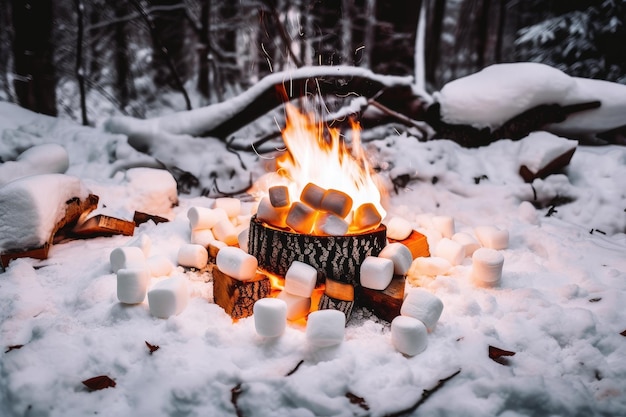 写真 雪に覆われた森の中で暖かく燃え上がるキャンプファイヤーと焼きたてのマシュマロ