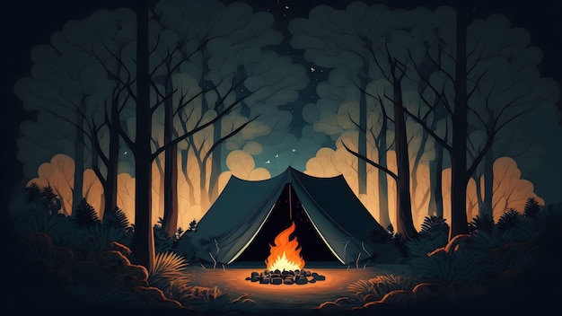 Костер горит перед туристической палаткой в ночном лесу, созданном нейронной сетью