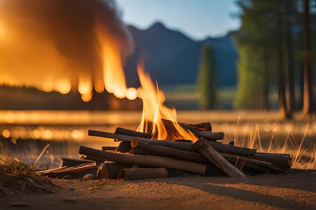 A campfire is lit by a mountain lake