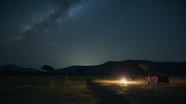 A campfire is lit up in the dark sky.