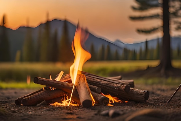 A campfire is set up by a mountain range.