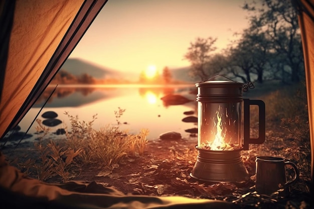 A campfire is set up in front of a lake.