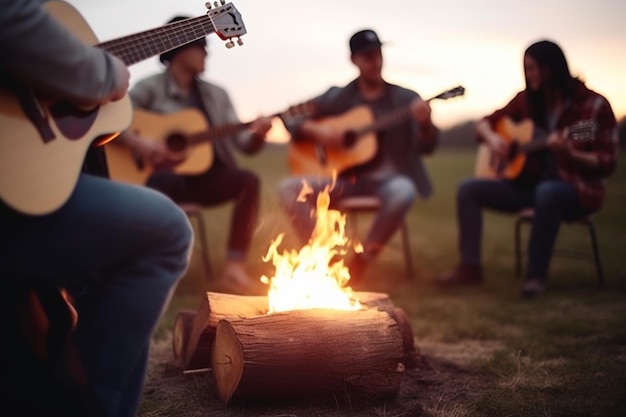 Campfire Jam Session Friends Playing Guitar and Singing by the Fire