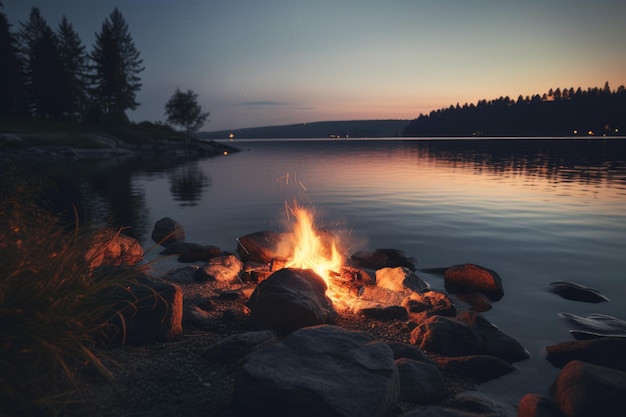 Campfire lake sunset hot Generate Ai