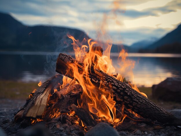 Photo campfire lit near the beach stove