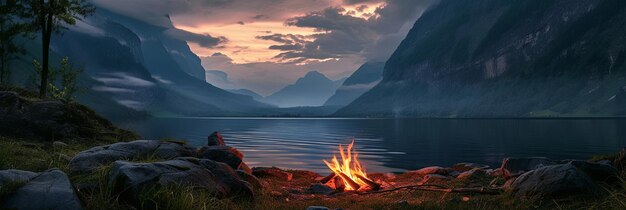 Photo campfire next to lke in the moutains at night