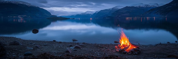 Photo campfire next to lke in the moutains at night