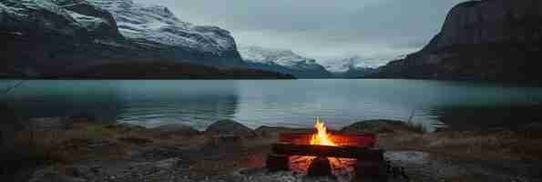 Photo campfire next to lke in the moutains at night