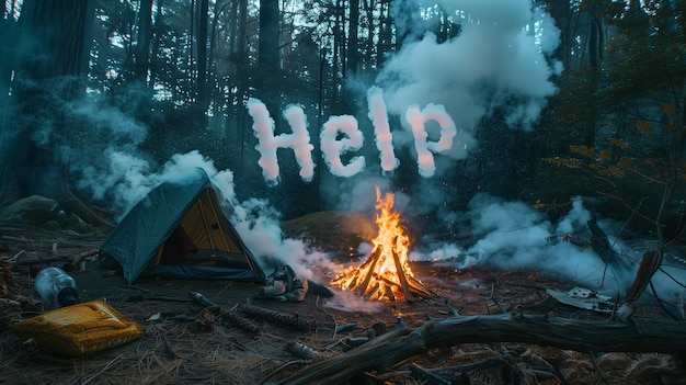 Photo a campfire in the middle of the forest with white smoke rising into the sky forming the word help