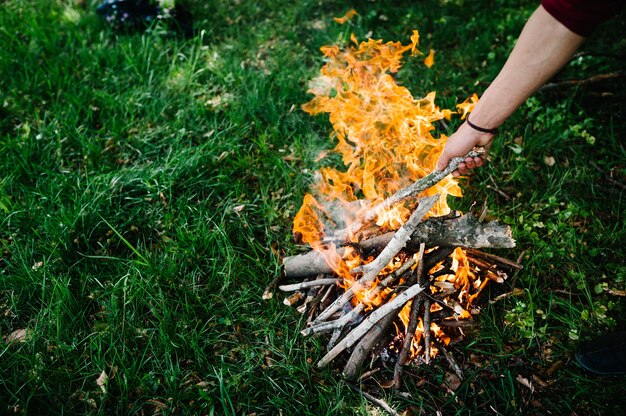 Campfire on the nature. The branch is in the hands of man