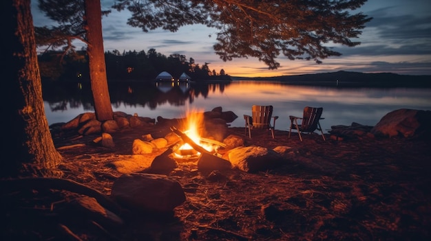 Campfire near the lake Illustration AI GenerativexA