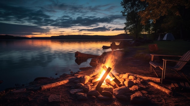 Campfire near the lake Illustration AI GenerativexA