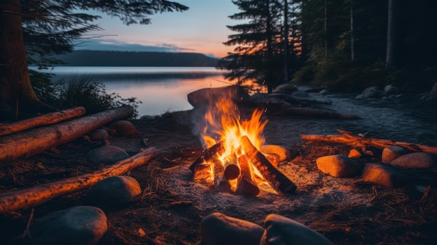 Campfire near the lake Illustration AI GenerativexA