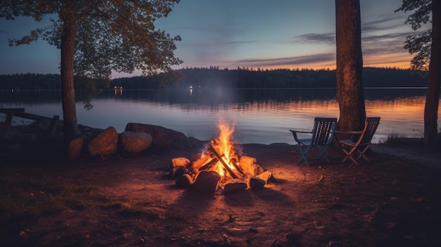 Campfire near the lake Illustration AI GenerativexA