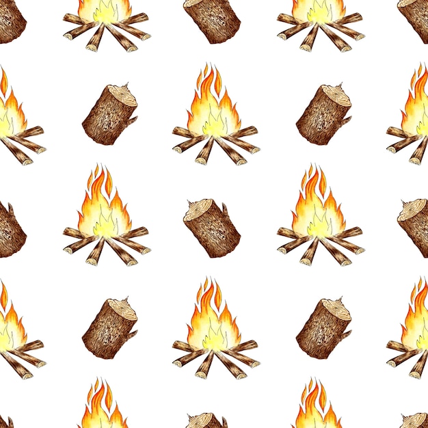 Campfire pattern and log watercolor