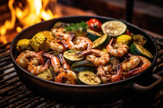 Campfire shrimp with assorted grilled vegetables created with generative ai