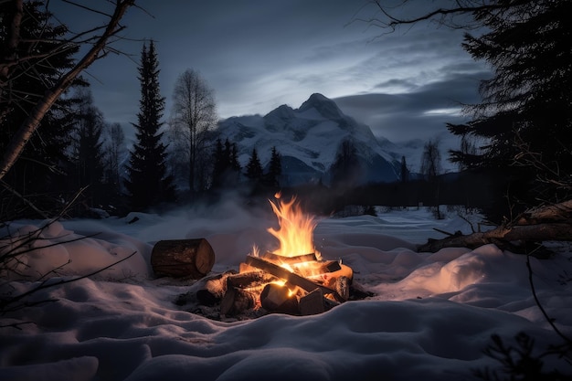 Campfire in snowy forest with view of towering mountain peaks in the background