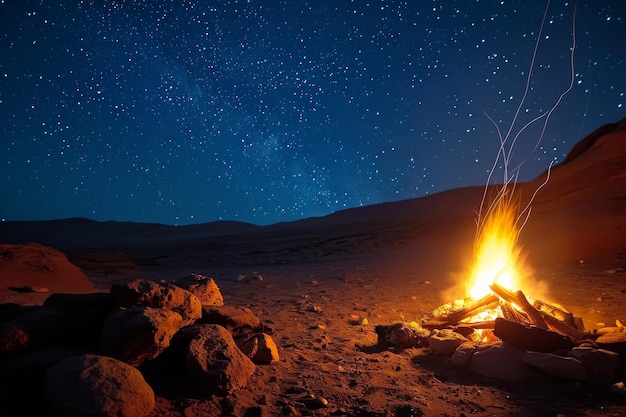 サハラ砂漠の星空の下でキャンプファイア 砂漠の石の火の穴でキャンップファイア アイが生成した