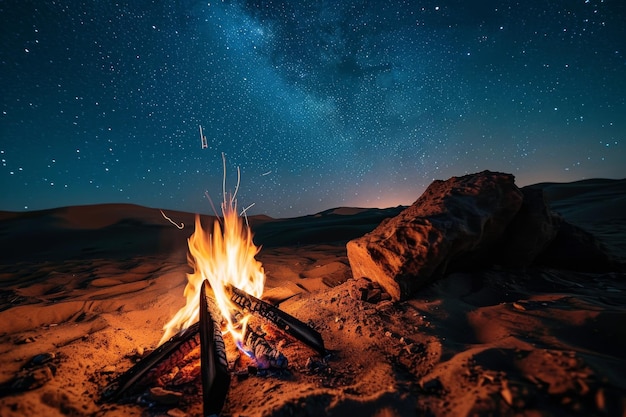 サハラ砂漠の星空の下でキャンプファイア 砂漠の石の火の穴でキャンップファイア アイが生成した