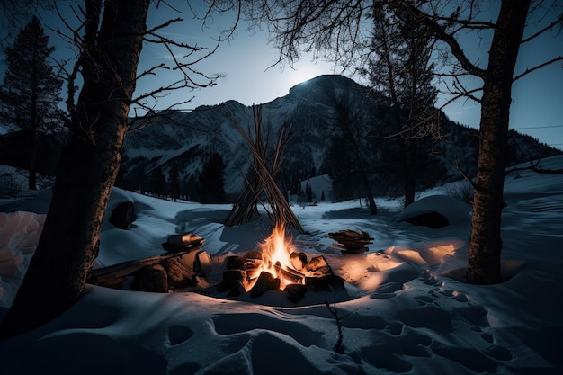 Campfire surrounded by silhouettes of trees and mountains in snowy forest