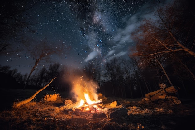 Campfire surrounded by twinkling stars in the clear night sky