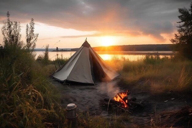 Campfire and tent as summer vacation in wild nature generative ai