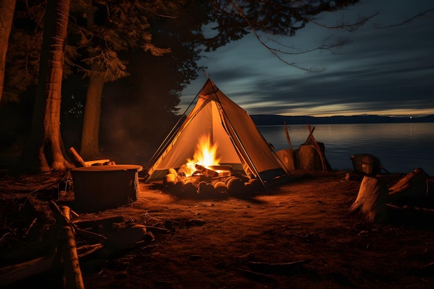 campfire tent with mountain sky background