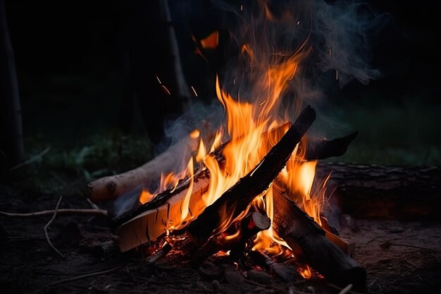 Campfire at touristic camp in the night Flame and fire sparks on dark background Generative AI