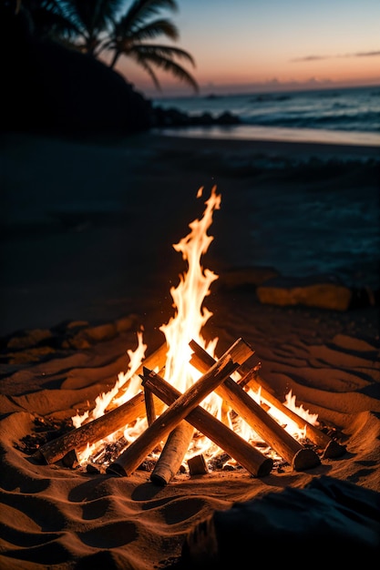 Campfire on the tropical ocean beach