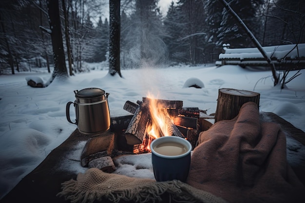 Campfire with cozy blanket and hot cocoa in hand surrounded by snowy forest setting