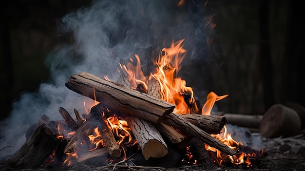 A campfire with a fire in the background