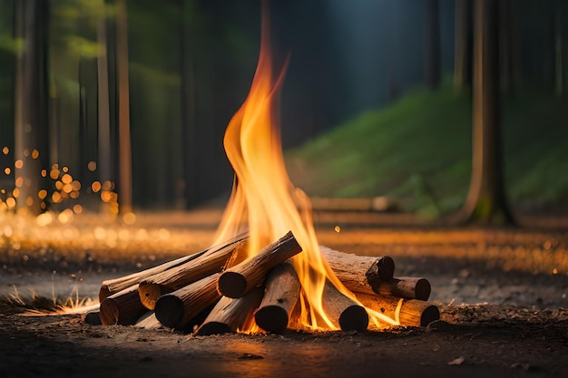 a campfire with a green background and a log in the foreground.