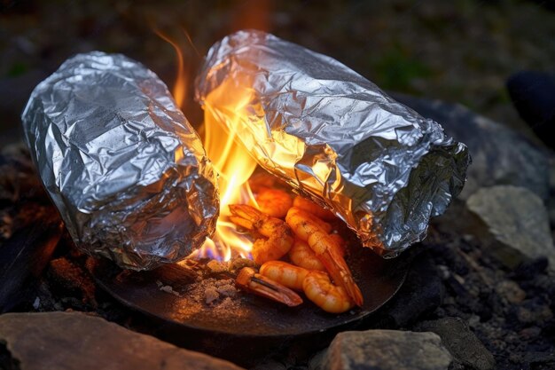 Campfire with lobster in cast iron pan created with generative ai