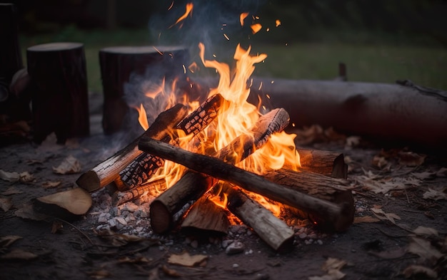 Campfire with logs against the background of the evening forest AI Generative AI