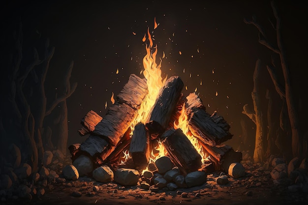 丸太と薪のキャンプファイヤー 燃える火の炎 イラスト 石造りの暖炉 輝くたき火の効果
