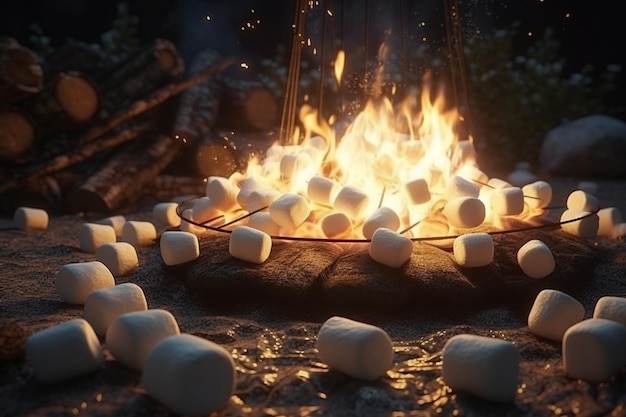 Photo a campfire with marshmallows around it