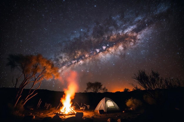 A campfire with the milky way in the background