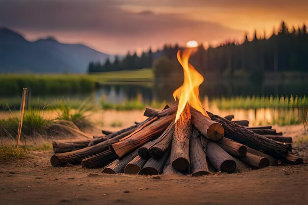 A campfire with a mountain in the background