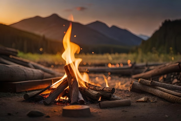 a campfire with a mountain in the background