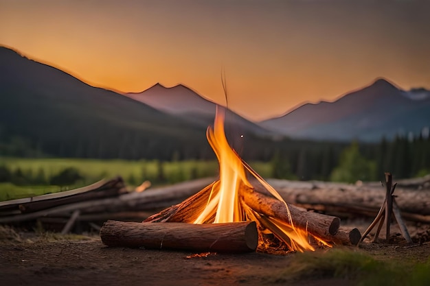 A campfire with a mountain in the background