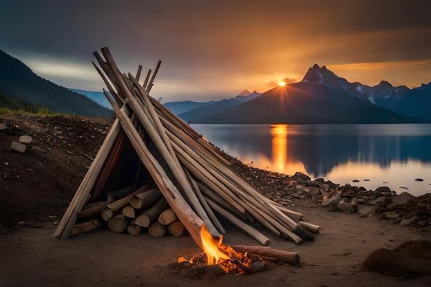 a campfire with a mountain in the background