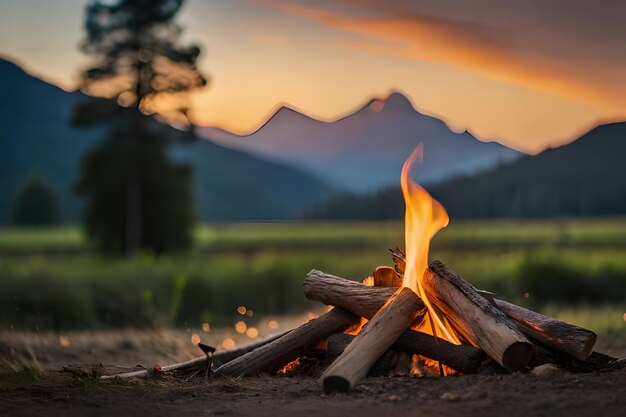 a campfire with a mountain in the background.