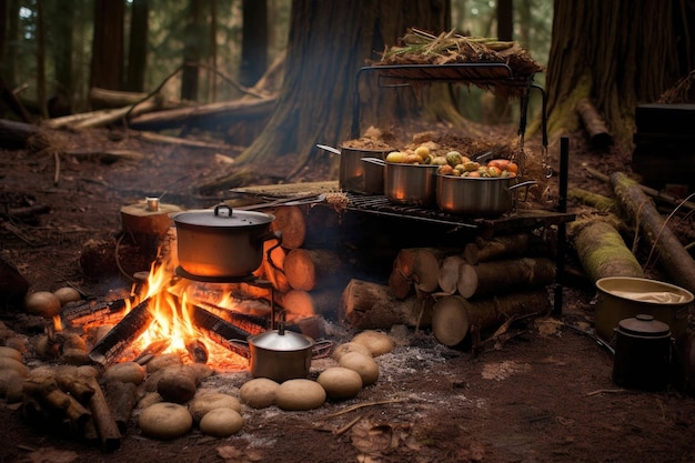 Campfire with rustic outdoor cooking setup for cioppino created with generative ai