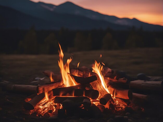 Foto un fuoco di campo con un tramonto sullo sfondo