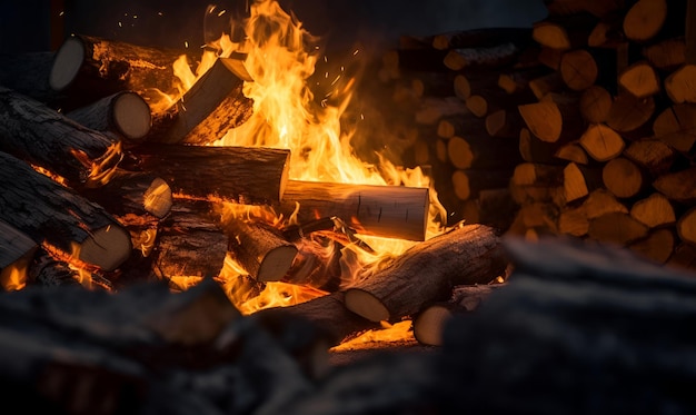 薪が燃えるキャンプファイヤー